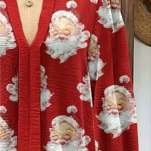 Red Santa Print V-Neck Top